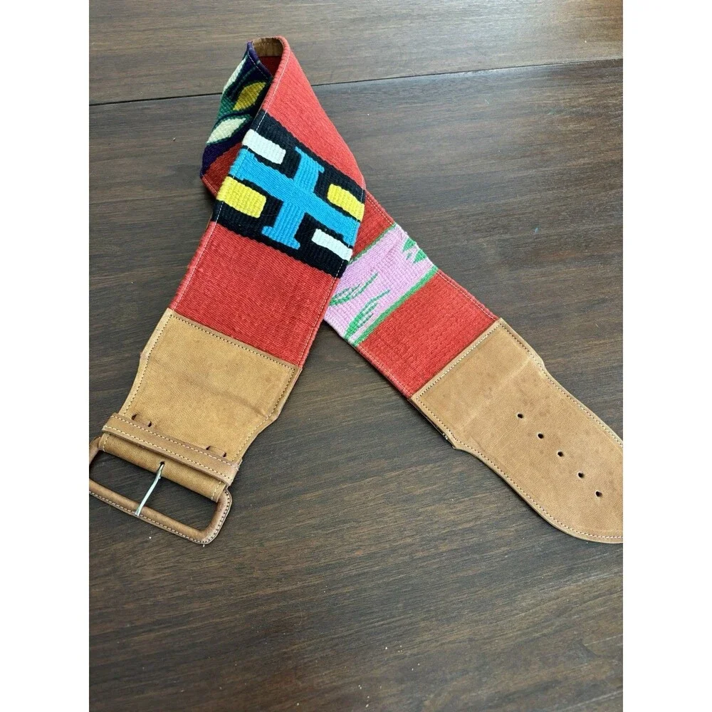 Vintage Women's 4 inch Belt Handcrafted Guatemalan Woven Leather Folk Belt Boho